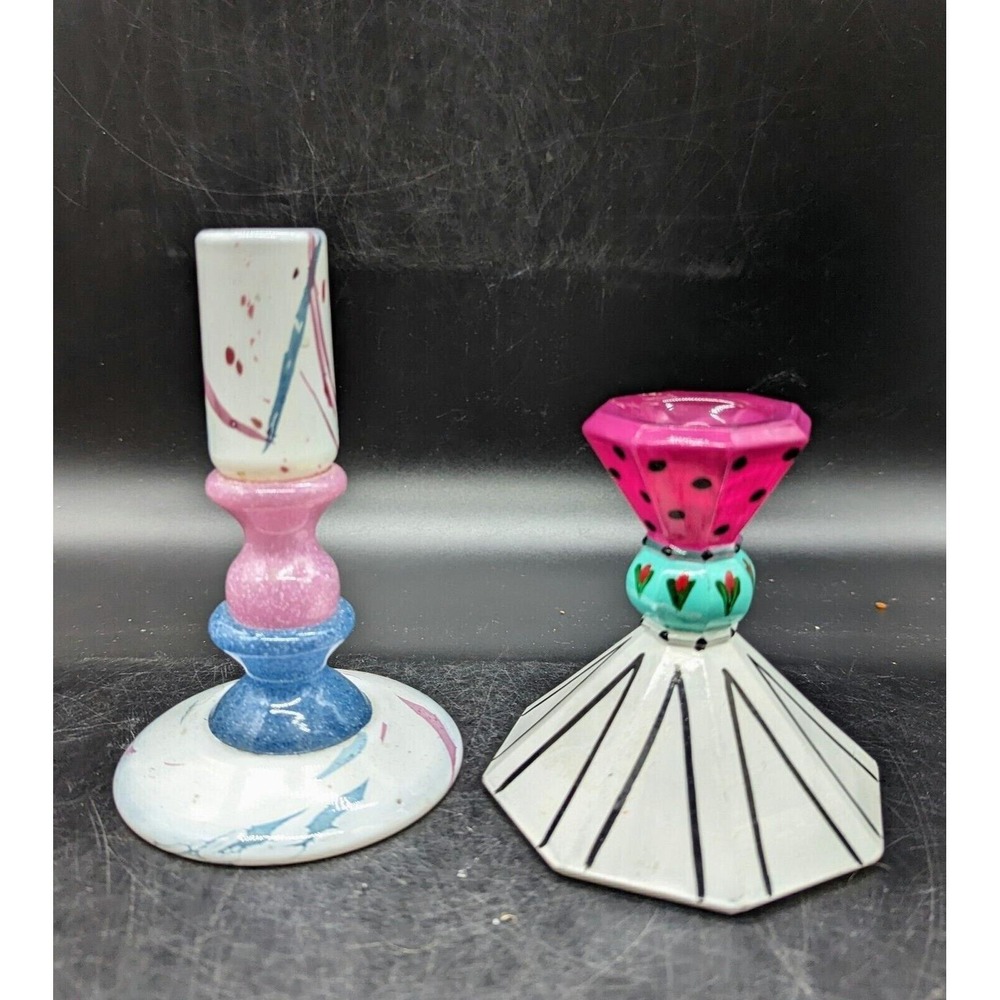 Vintage Hand Blown Art Glass Candle Holder Candlestick Signed White Pink